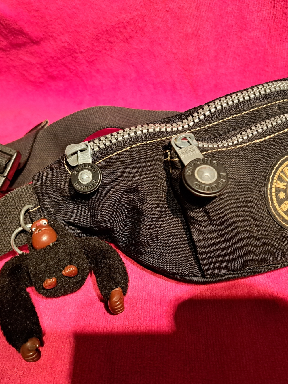 Kipling Black Canvas Belt Bag with Monkey Charm